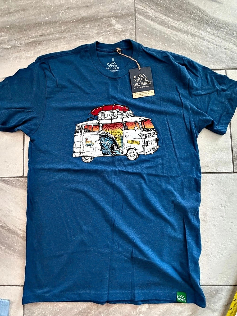 Wild Tribute Surfin' USA Van T-Shirt Graphic Short Sleeve Tee in Blue NWT
